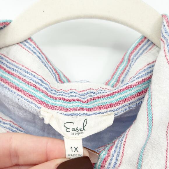 Easel Womens Boho Spring Gauzy Striped Daisy Floral Printed Top Size 1X Blue - Picture 7 of 10